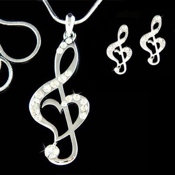 Swarovski Kristall Violinschlüssel Liebe Musik Musiknote Herz Halskette Ohrringe Set Schmuck Musiker Weihnachten 50. 60. 70. Geburtstagsgeschenk von Kashuen