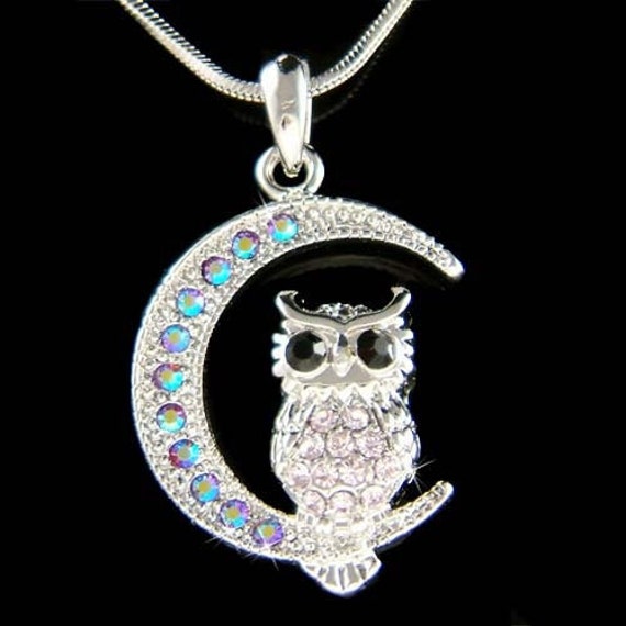 Swarovski Kristall Weise Lehrer Heulen Eule Auf Lila Halbmond Halskette Vogel Tier Schmuck Weihnachten Halloween 20.30.40 Geburtstagsgeschenk von Kashuen