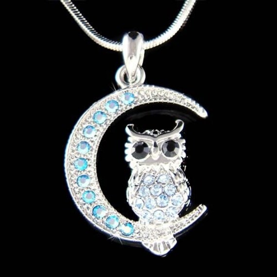 Swarovski Kristall Wise Eule Auf Blauem Halbmond Mond Halskette Vogel Schmuck Mädchen Freunde Weihnachten Halloween 20.30.40 Geburtstagsgeschenk von Kashuen