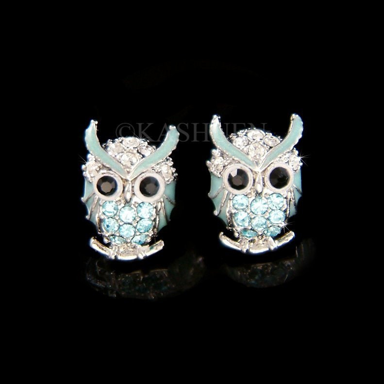 Swarovski Kristall Zierliche Babyblaue Emaille Bemalt Wise Eule Falke Weisheit Vogel Tier Mädchen Ohrstecker Schmuck Beste Freundin von Kashuen
