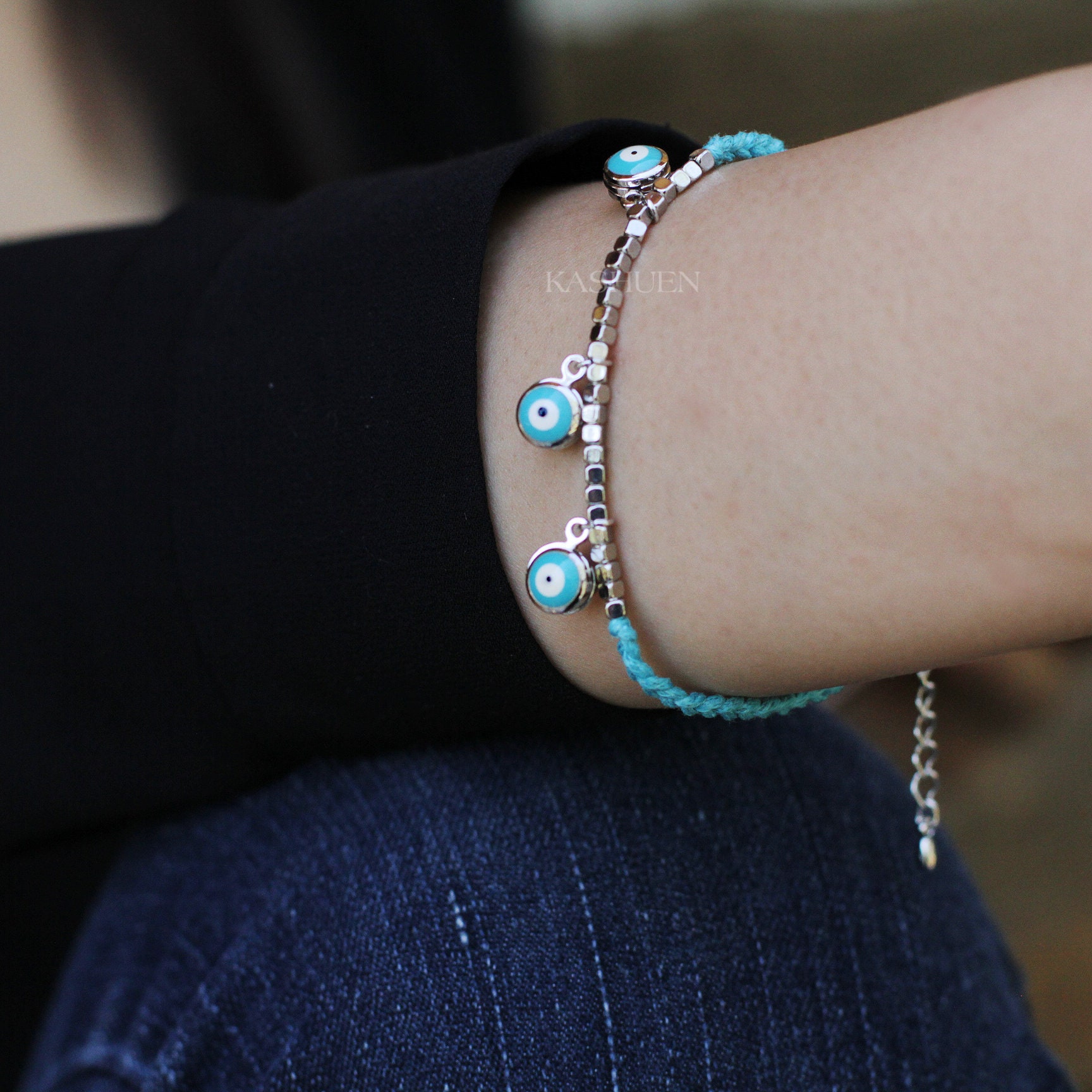 Zierliche Doppelseitige 3 Petite Evil Eye Silber Nugget Schutz Abwehr Türkis Geflochtene Verstellbare Armband Freunde Schmuck Weihnachtsgeschenk von Kashuen