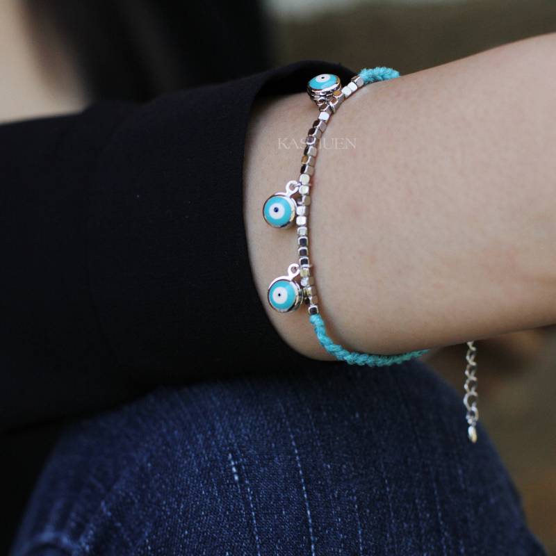 Zierliche Doppelseitige 3 Petite Evil Eye Silber Nugget Schutz Abwehr Türkis Geflochtene Verstellbare Armband Freunde Schmuck Weihnachtsgeschenk von Kashuen