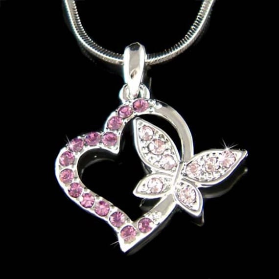 Zierliche Lila Swarovski Kristall Liebe Herz Schmetterling Halskette, Insekt Charme Anhänger Kette Schmuck 13 15 von Kashuen