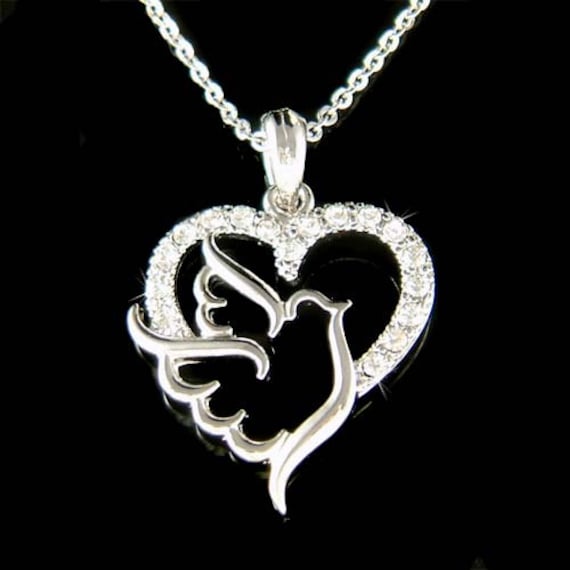 Zierliche Swarovski Kristall Liebe Herz Friedenstaube Sterling Silber Kette Halskette Glaube Anmut Taube Vogel Heiliger Geist Schmuck von Kashuen