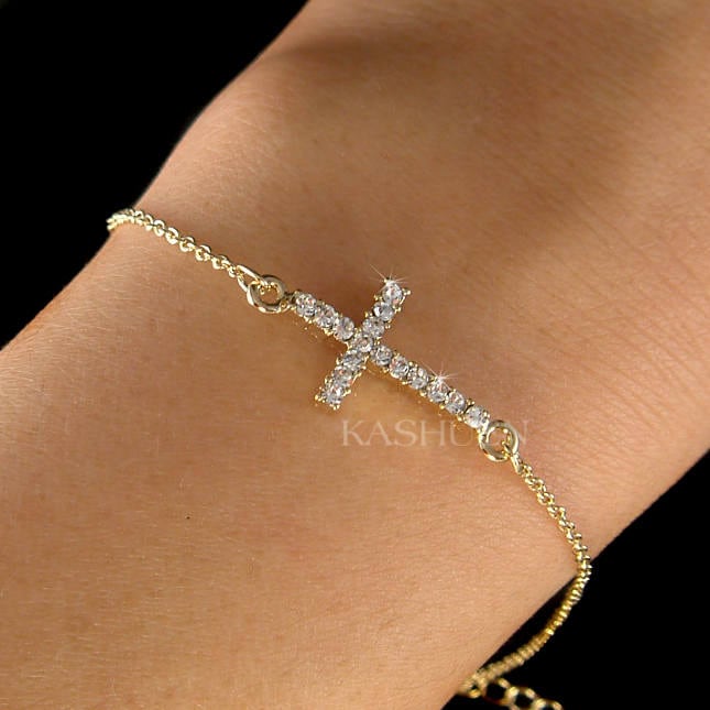 Zierliche Swarovski Kristall Seitlich Kreuz Armband Charm Fein Kabel Gold Ton/14K Filled Kette Religiöser Schmuck Ostern Weihnachtsgeschenke von Kashuen