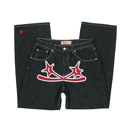 Baggy Jeans Herren Y2k mit Print Hip Hop Baggy Star Cargo Jeans Pants Breite Hose mit Schrift Vorne, Baggy Loose Fit Schwarz Jeanshose Hosen Freizeithose für Jungs Männer von Kashyke