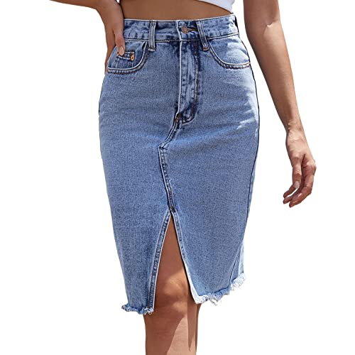 Damen Jeansrock Knielang Eng Sommerrock Minirock Sexy Jeans Rock Für Damen mit Schlitz Jeansrock Denim Röck mit Taschen Zerrissen Wickelrock Blau L von Kashyke