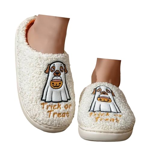 Halloween Hausschuhe, Halloween Slippers, Halloween Hausschuhe Damen Herren Kürbis Hausschuhe Katze Plüsch Slipper Winter Weicher Bequeme Pumpkin Slippers mit Spinnennetz Geist Skelett Bedruckte von Kashyke