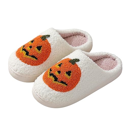 Halloween Hausschuhe, Halloween Slippers, Halloween Hausschuhe Damen Herren Kürbis Hausschuhe Katze Plüsch Slipper Winter Weicher Bequeme Pumpkin Slippers mit Spinnennetz Geist Skelett Bedruckte von Kashyke