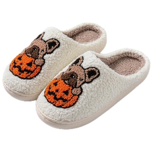 Halloween Hausschuhe, Halloween Slippers, Halloween Hausschuhe Damen Herren Kürbis Hausschuhe Katze Plüsch Slipper Winter Weicher Bequeme Pumpkin Slippers mit Spinnennetz Geist Skelett Bedruckte von Kashyke