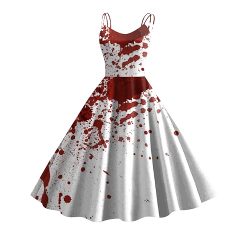 Halloween Kostüm mit Blutigem Aufdruck Damen Retro Mittelalter Kleidung Damen Temperament Ärmelloser Rockabilly Cocktailkleid Schnüren Gebundene Taille Tunikakleider Festlich Gastkleider von Kashyke