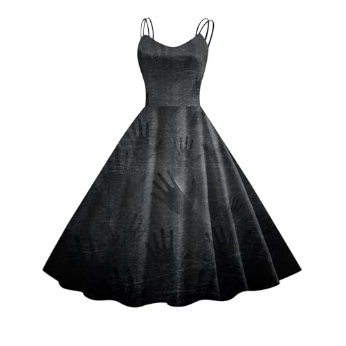 Halloween Kostüm mit Blutigem Aufdruck Damen Retro Mittelalter Kleidung Damen Temperament Ärmelloser Rockabilly Cocktailkleid Schnüren Gebundene Taille Tunikakleider Festlich Gastkleider von Kashyke