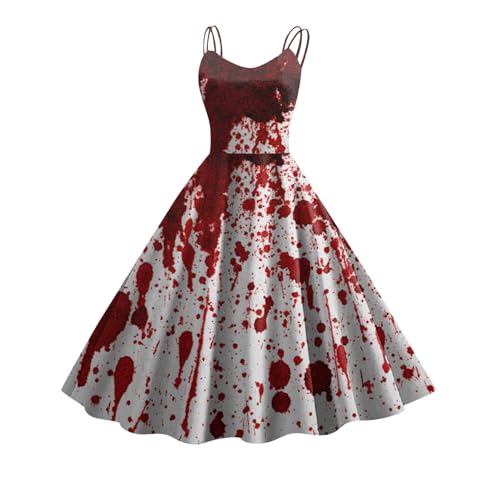Halloween Kostüm mit Blutigem Aufdruck Damen Retro Mittelalter Kleidung Damen Temperament Ärmelloser Rockabilly Cocktailkleid Schnüren Gebundene Taille Tunikakleider Festlich Gastkleider von Kashyke