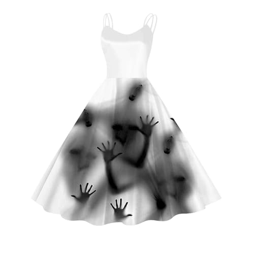Halloween Kostüm mit Blutigem Aufdruck Damen Retro Mittelalter Kleidung Damen Temperament Ärmelloser Rockabilly Cocktailkleid Schnüren Gebundene Taille Tunikakleider Festlich Gastkleider von Kashyke