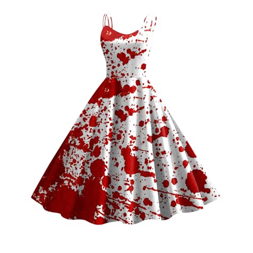 Halloween Kostüm mit Blutigem Aufdruck Damen Retro Mittelalter Kleidung Damen Temperament Ärmelloser Rockabilly Cocktailkleid Schnüren Gebundene Taille Tunikakleider Festlich Gastkleider von Kashyke