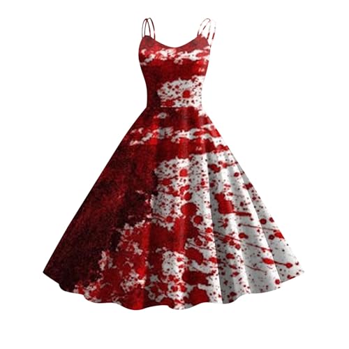 Halloween Kostüm mit Blutigem Aufdruck Damen Retro Mittelalter Kleidung Damen Temperament Ärmelloser Rockabilly Cocktailkleid Schnüren Gebundene Taille Tunikakleider Festlich Gastkleider von Kashyke