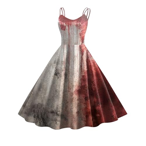 Halloween Kostüm mit Blutigem Aufdruck Damen Retro Mittelalter Kleidung Damen Temperament Ärmelloser Rockabilly Cocktailkleid Schnüren Gebundene Taille Tunikakleider Festlich Gastkleider von Kashyke
