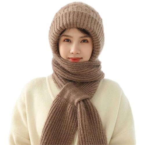 Kapuzenschal Damen Winter Schal mit Kapuze Schalmütze Mützenschal Kaputzenschal Frauen Winddichte Pullovermütze Winter Warm Strick Mütze mit Schal Mütze Wintermütze 2 In 1 (Khaki) von Kashyke