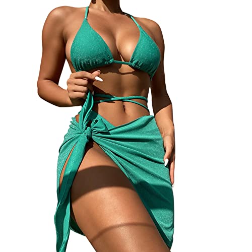 Kashyke Bikini Protest Damen Badeanzüge für Frauen, 3-teiliger Bikini-Badeanzug, Tropische Neckholder-Badebekleidung mit Netz-Strandrock mit Pflanzendruck Bikini-Sets für Damen (0-Green, M) von Kashyke