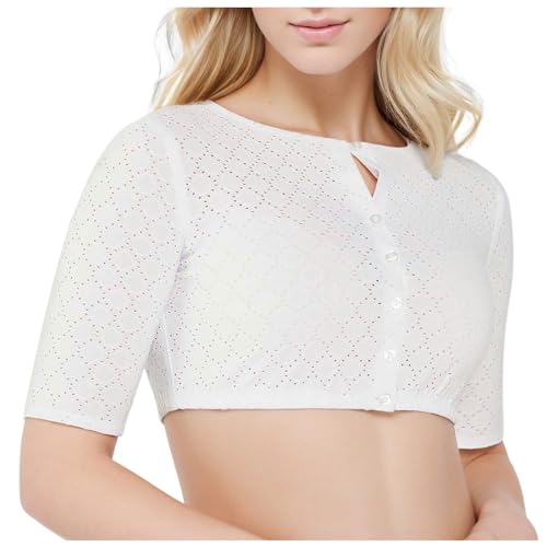 Kashyke Dirndl Bluse Damen Halbarm Dirndlbluse Rundhals Spitze Dirndl Bluse für Damen Elegant Baumwolle Dirndlbluse für Damen Weiss Locker Elegant 3/4 Ärmel Dirndlblusen für Oktoberfest Spitzenbluse von Kashyke