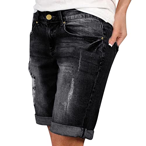 Kashyke Jeans Shorts Damen Sommer Knielang Kurze Jeanshose Frauen High Waist Stretch Große Größen Zerrissen Kurze Hose Jeans Baggy Ripped Bermuda Shorts Denim Shorts Jeansshorts Hotpants Strandshorts von Kashyke