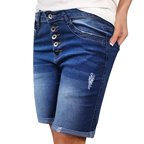 Kashyke Jeans Shorts Damen Sommer Knielang Kurze Jeanshose Frauen High Waist Stretch Große Größen Zerrissen Kurze Hose Jeans Baggy Ripped Bermuda Shorts Denim Shorts Jeansshorts Hotpants Strandshorts von Kashyke