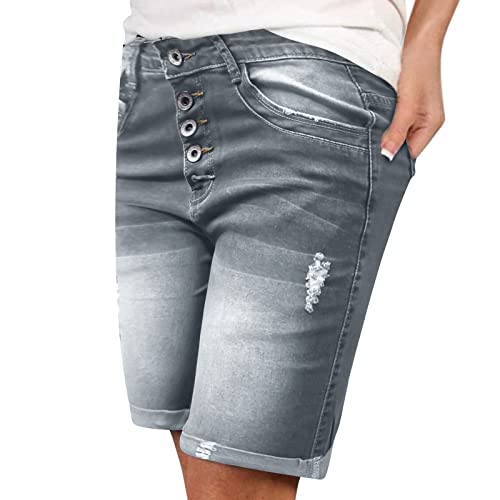 Kashyke Jeans Shorts Damen Sommer Knielang Kurze Jeanshose Frauen High Waist Stretch Große Größen Zerrissen Kurze Hose Jeans Baggy Ripped Bermuda Shorts Denim Shorts Jeansshorts Hotpants Strandshorts von Kashyke