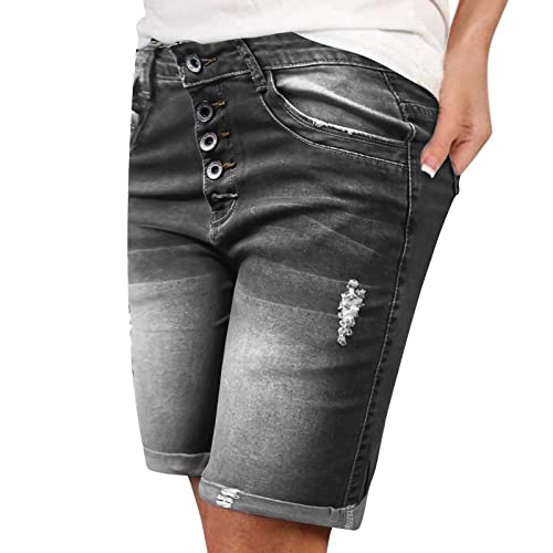 Jeans Shorts Damen Sommer Knielang Kurze Jeanshose Frauen High Waist Stretch Große Größen Zerrissen Kurze Hose Jeans Baggy Ripped Bermuda Shorts Denim Shorts Jeansshorts Hotpants Strandshorts von Kashyke