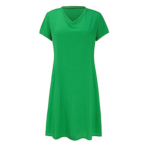 Kashyke Kleid Damen Sommer Tunika Kleid V-Ausschnitt Kurzarm Midikleid Boho Kleid Baumwolle Leinen Einfarbige Vintage Kleider Hemdkleid Shirtkleid Einfarbige Freizeitkleid Shirtkleid Grasgrün L von Kashyke