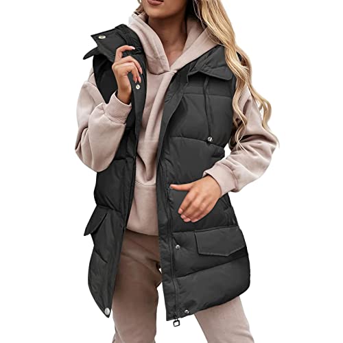 Kashyke Steppweste Damen Halblang Daunenweste Schwarz Beige Winterweste Lang Weste Bodywarmer Ärmellos mit Kapuze Puffer Leicht Winterjacke Herbst Winter Ärmellos Lange Weste Daunenweste Kapuzenweste von Kashyke