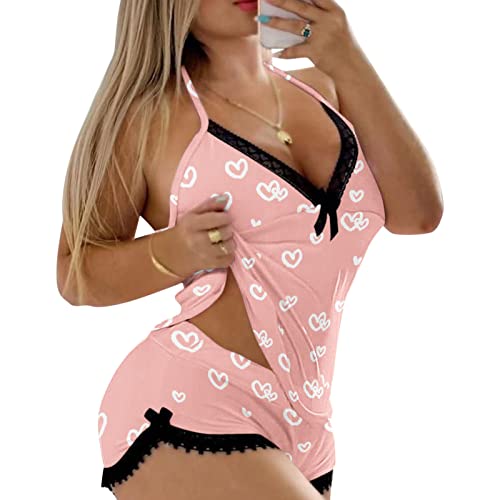 Kashyke Warme Pyjama Damen Womens Sexy Printing Camisole Shorts 2-teiliges Set Nachtwäsche Lace Backless Trim Dessous Hot Pants Suit Rotes Kleid Damen Elegant (Pink-a, XXL) von Kashyke