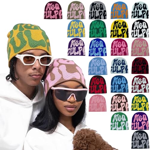 Y2k Beanie Mütze Herren Damen Teenager Y2k Cap Winter Knit Skater Beanie Mütze Hip Hop Strickmützen Baumwolle Spider MEA Culpa Printed Y2k Beanie Cap Hat Pink Harajuku Fashion von Kashyke