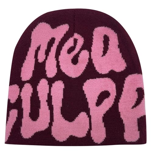 Y2k Beanie Mütze Herren Damen Teenager Y2k Cap Winter Knit Skater Beanie Mütze Hip Hop Strickmützen Baumwolle Spider MEA Culpa Printed Y2k Beanie Cap Hat Pink Harajuku Fashion von Kashyke