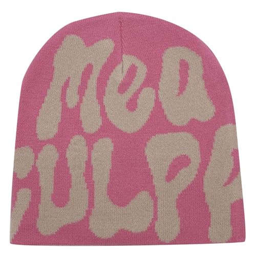 Y2k Beanie Mütze Herren Damen Teenager Y2k Cap Winter Knit Skater Beanie Mütze Hip Hop Strickmützen Baumwolle Spider MEA Culpa Printed Y2k Beanie Cap Hat Pink Harajuku Fashion von Kashyke