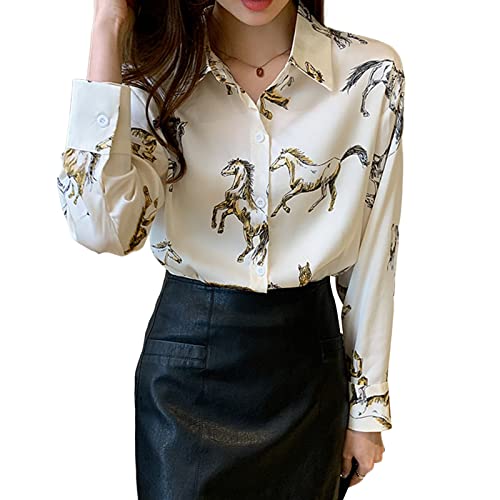 Kasituny Damen Frühlingsshirt Pferd Druck Revers einreihig Langarm Cardigan Commute Loose OL Style Age Reducing Damen Bluse Lady von Kasituny