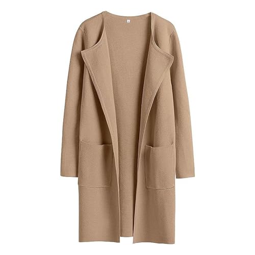 Kasituny Mittellanger Damenmantel für Damen, Herbst und Winter, Reverskragen, elegant, einfarbig, mit Taschen und langen Ärmeln, lässig, locker, dick, warm, Damenjacke, Oberbekleidung Khaki M von Kasituny