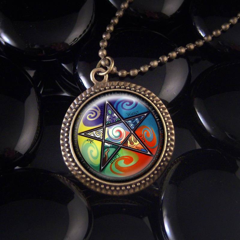 Antik Bronze Naturen Elemente Pentagramm Glas Wasser Feuer Wind Erde New-Age Wicca Wicca-Anhänger Halskette 311-Brn + 24" Zoll-Kette von KasketKustomsOnline