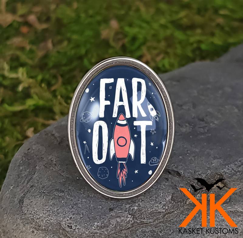 Far Out Raketenring - Raumschiff Handarbeit Silber Edelstahl Schmuck 428-Ossr von KasketKustomsOnline
