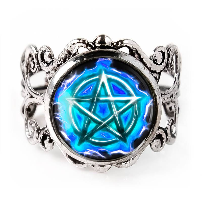 Flammender Pentagramm Ring - Blauer Pentakel Verstellbarer Filigraner 329 von KasketKustomsOnline