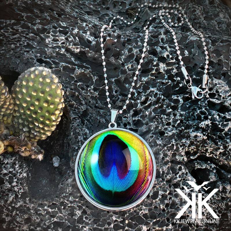 Großer Regenbogen Pfauenfeder Anhänger - Natur Handgemachte Silber Halskette 1-Slrn von KasketKustomsOnline