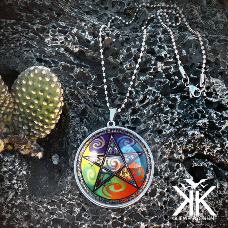 Großer Wicca Pentagramm Anhänger - Elements Handgemachte Silberkette 311-Slrn von KasketKustomsOnline