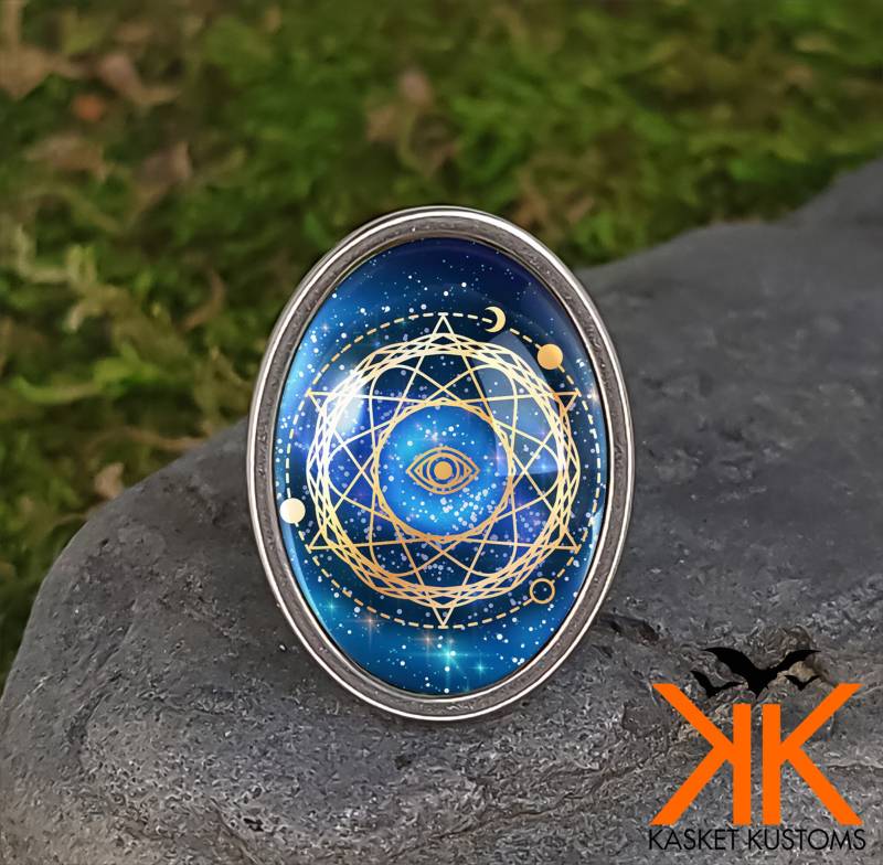 Heilige Geometrie Ring - Esoterik Celestial Evil Eye Handarbeit Silber Schmuck 796-Ossr von KasketKustomsOnline