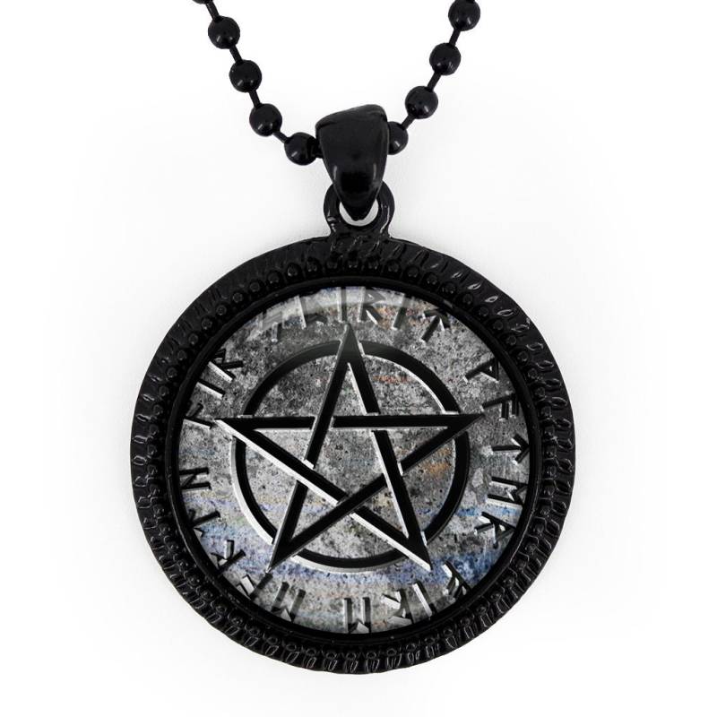 Jet Black Gothic Cryptic Stone Pentagramm Glas Anhänger Halskette 161-Jbrn + 24 "Zoll Kette von KasketKustomsOnline