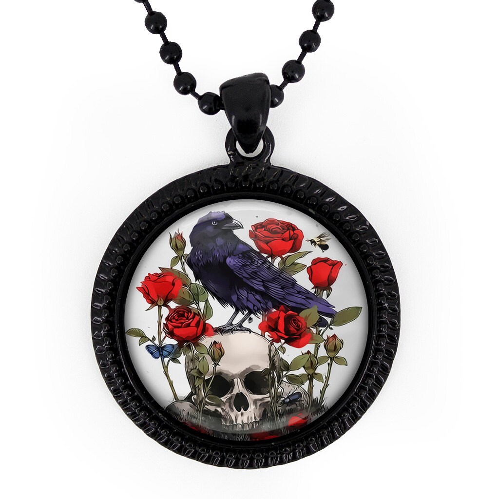 Jet Black Gothic Memento Mori Raben - Und Schädel-Glas-Anhänger-Halskette 122-Jbrn + 24 "Zoll-Kette von KasketKustomsOnline