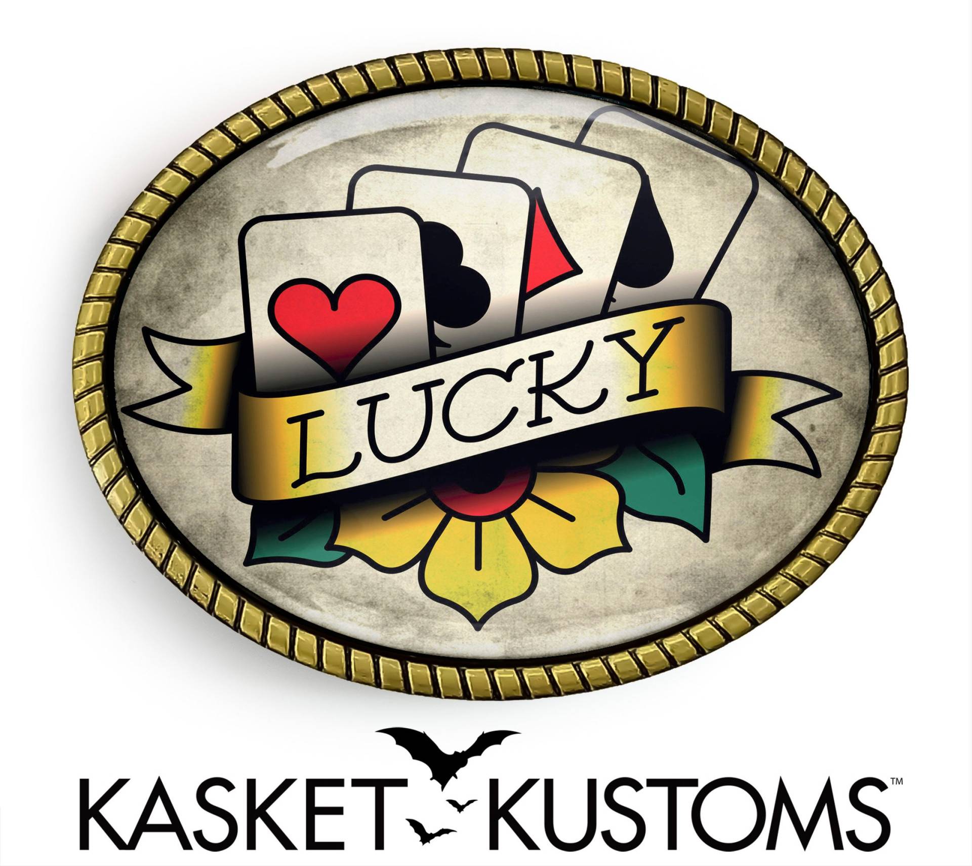 Lucky Tattoo Gürtelschnalle - Handgefertigte Blitzschnalle Gold Oder Silber Finish 754 von KasketKustomsOnline