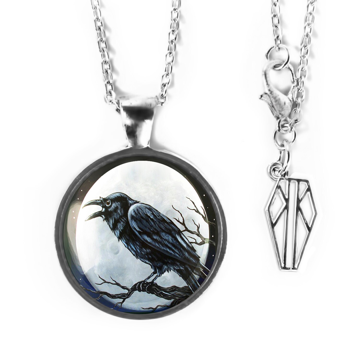 Platin Silber Gothic Raven Nevermore Moon Glas Halloween Anhänger Halskette 97-Srpn + 24 "Zoll-Kette von KasketKustomsOnline