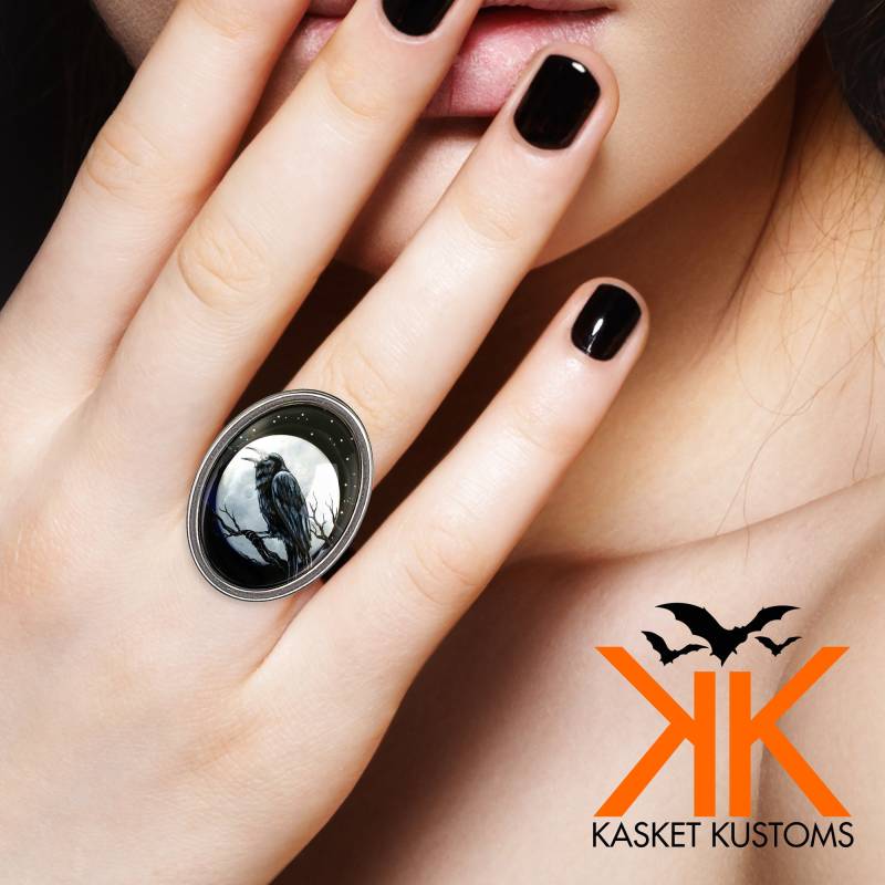 Raven Nevermore Ring - Gothic Krähe Handgemacht Halloween Silber Schmuck 97-Ossr von KasketKustomsOnline
