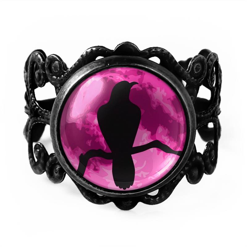 Raven Nevermore Ring - Vollmond Krähe Verstellbarer Filigraner 96 von KasketKustomsOnline