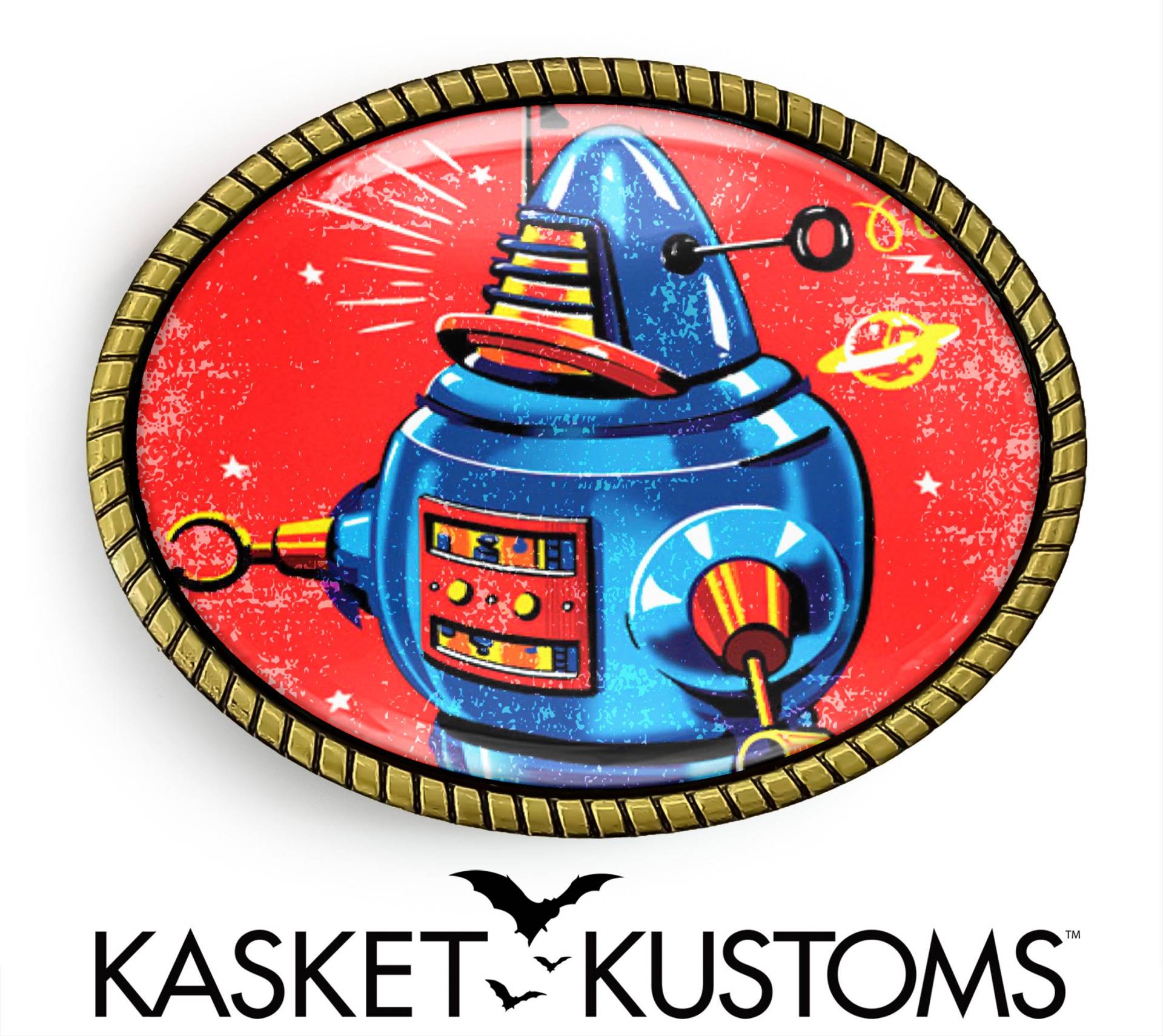 Retro Roboter Gürtelschnalle - Vintage Spielzeug Weltraum Mars Handgemachte Schnalle 006 von KasketKustomsOnline