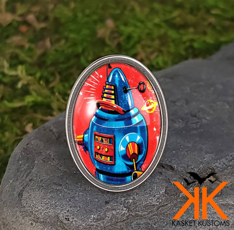 Retro Roboter Ring - Vintage Spielzeug Space Marter Handarbeit Silber Schmuck 006-Ossr von KasketKustomsOnline